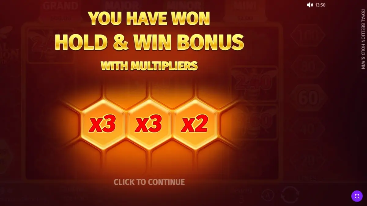 Interface do jogo Royal Beellion Hold & Win com símbolos de abelhas e frutas